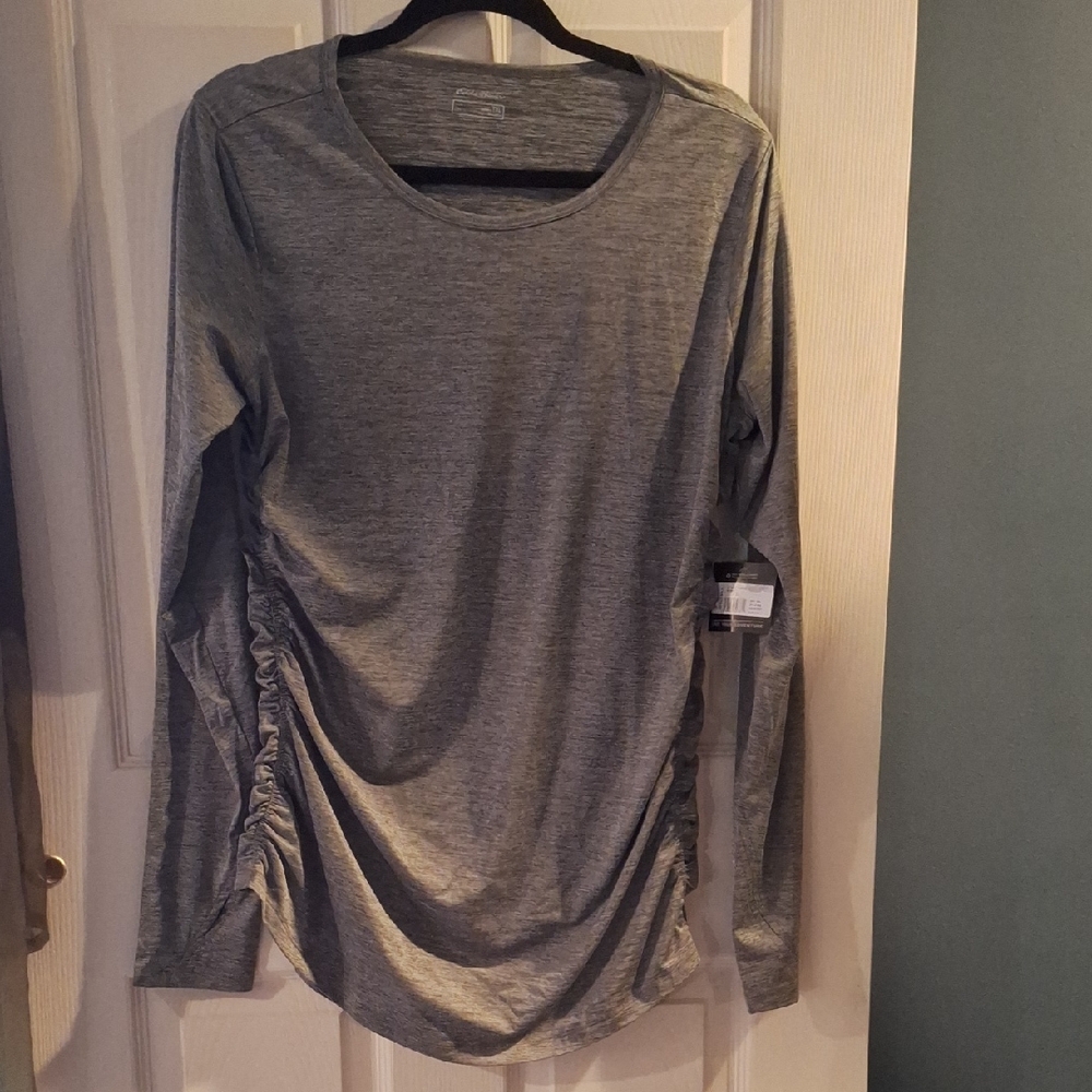 NWT Eddie Bauer Resolution Long-Sleeve Ruched‎ Tee Gray TXL